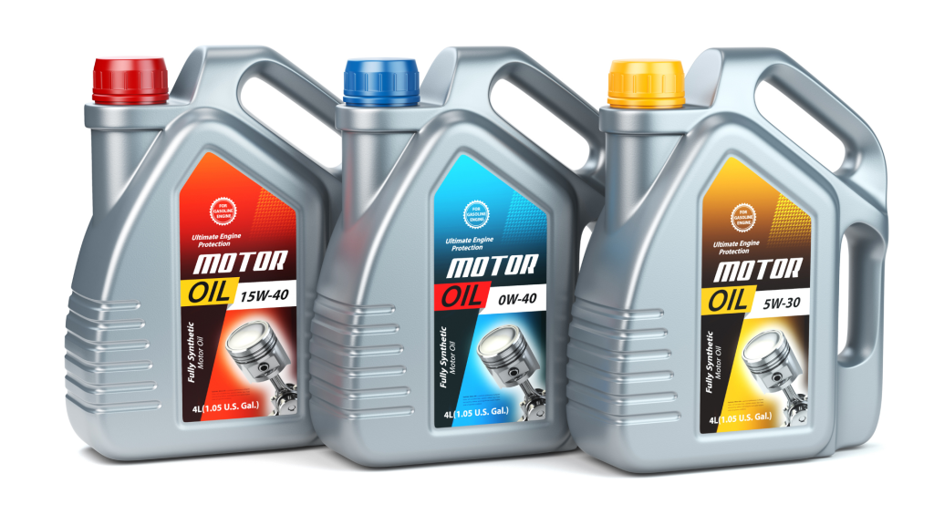 Various motor oil bottles for an oil change, suited for different engines and driving conditions